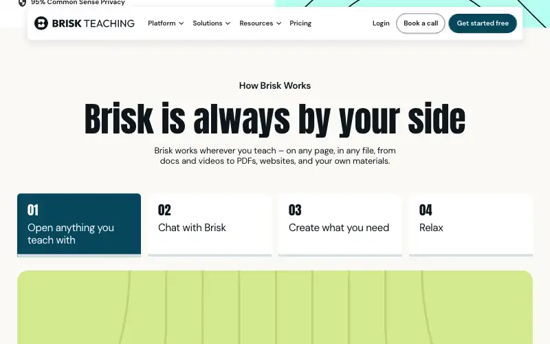 Screenshot of briskteaching.com, further down the homepage