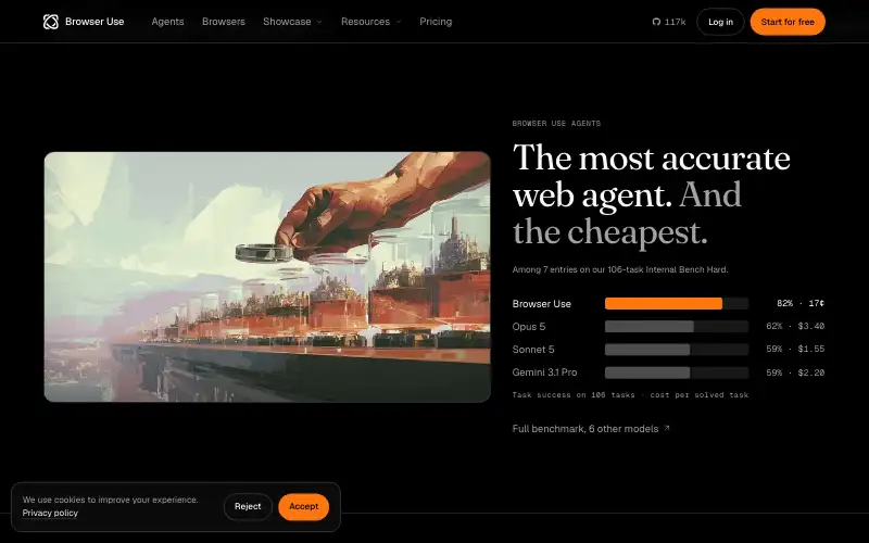 Screenshot of browser-use.com, further down the homepage
