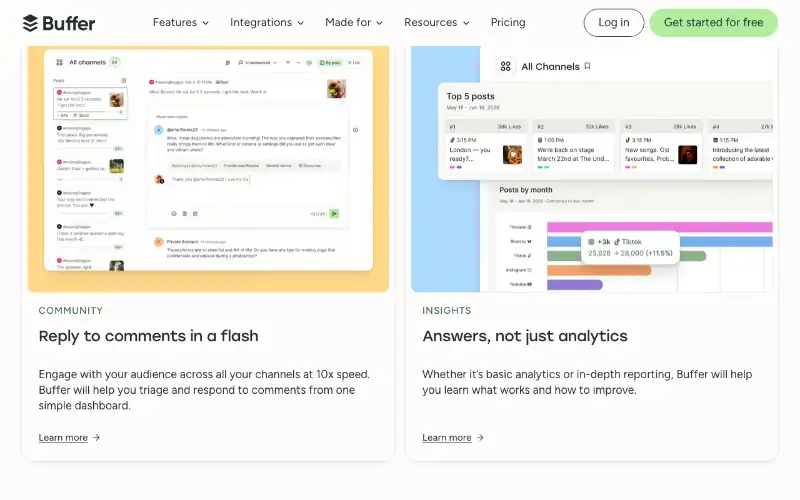 Screenshot of buffer.com, further down the homepage