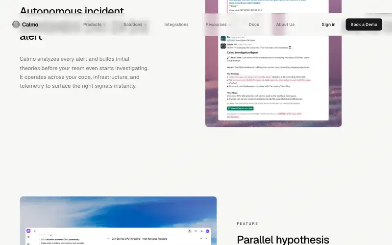Screenshot of getcalmo.com, further down the homepage