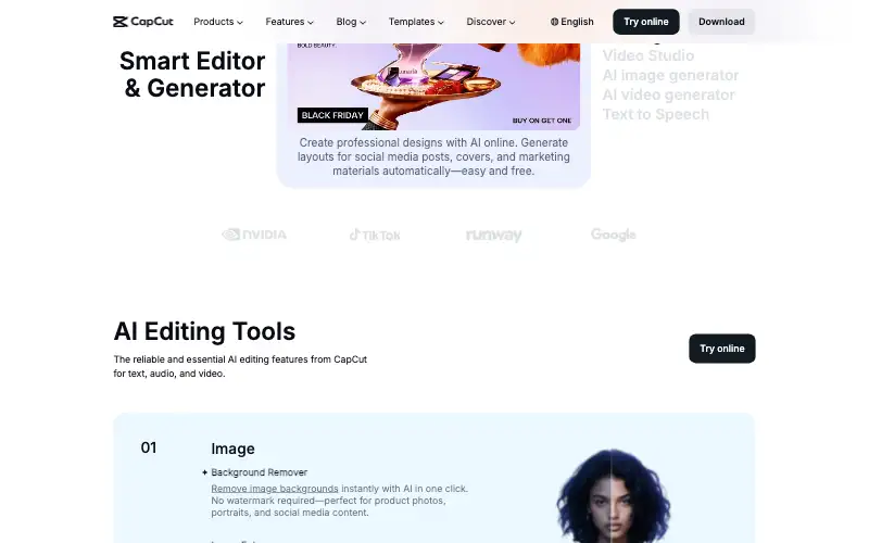 Screenshot of capcut.com, further down the homepage