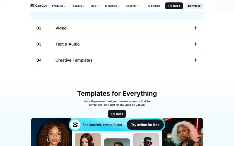 Screenshot of capcut.com, further down the homepage