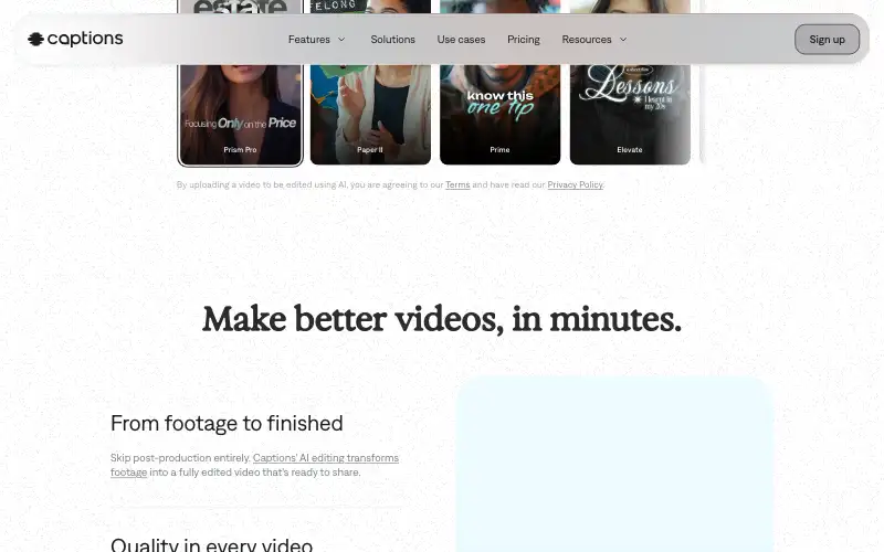 Screenshot of captions.ai, further down the homepage