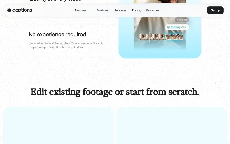 Screenshot of captions.ai, further down the homepage
