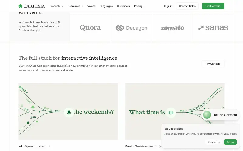 Screenshot of cartesia.ai, further down the homepage