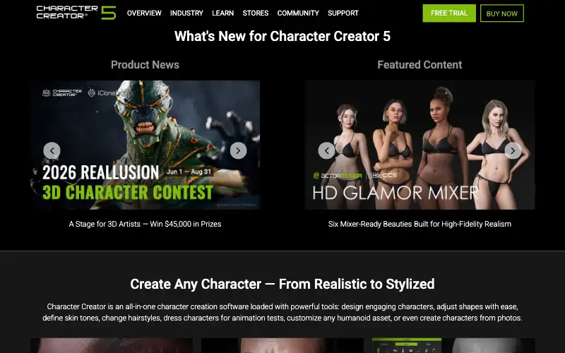 Screenshot of reallusion.com, further down the homepage