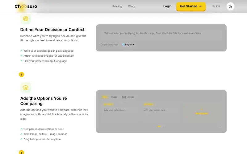 Screenshot of choosaro.com, further down the homepage