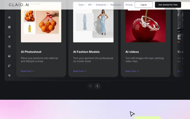 Screenshot of claid.ai, further down the homepage