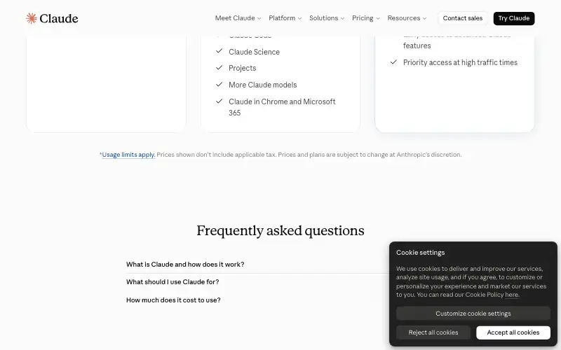 Screenshot of claude.ai, further down the homepage