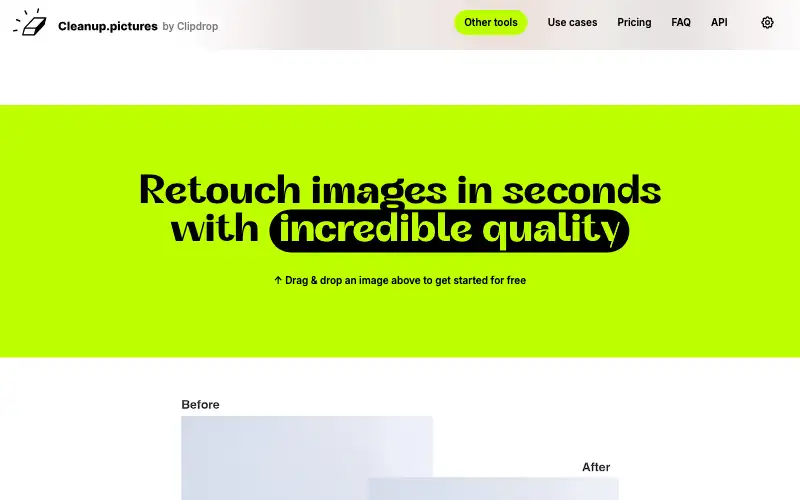 Screenshot of cleanup.pictures, further down the homepage