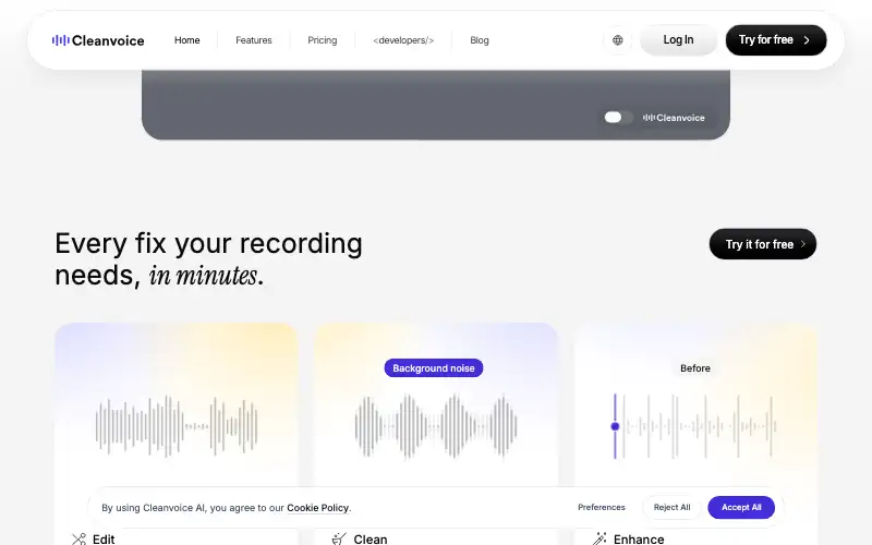 Screenshot of cleanvoice.ai, further down the homepage