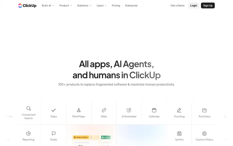 Screenshot of clickup.com, further down the homepage