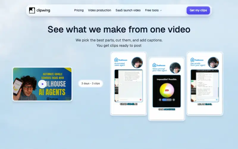 Screenshot of clipwing.pro, further down the homepage