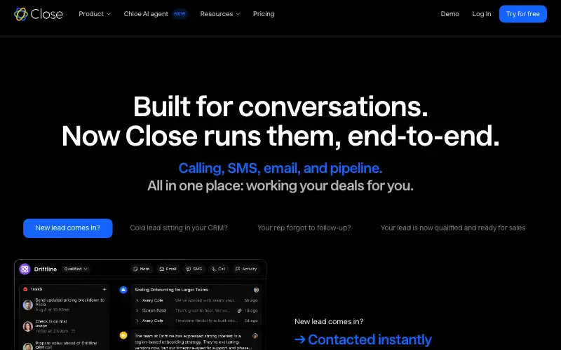 Screenshot of close.com, further down the homepage