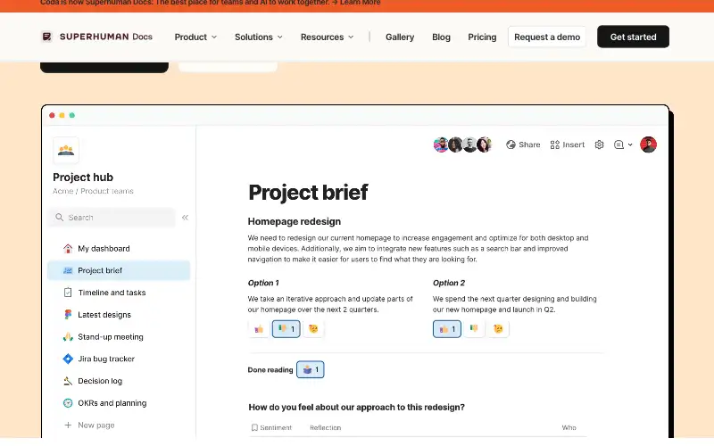 Screenshot of coda.io, further down the homepage