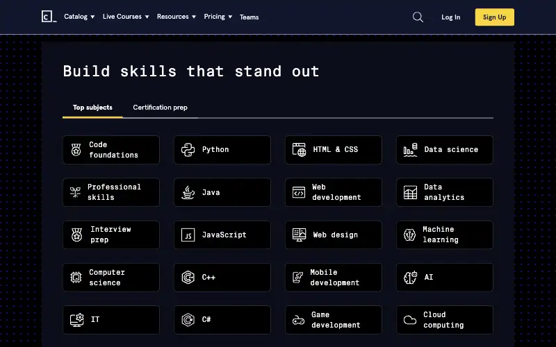 Screenshot of codecademy.com, further down the homepage