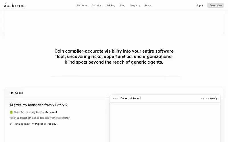 Screenshot of codemod.com, further down the homepage