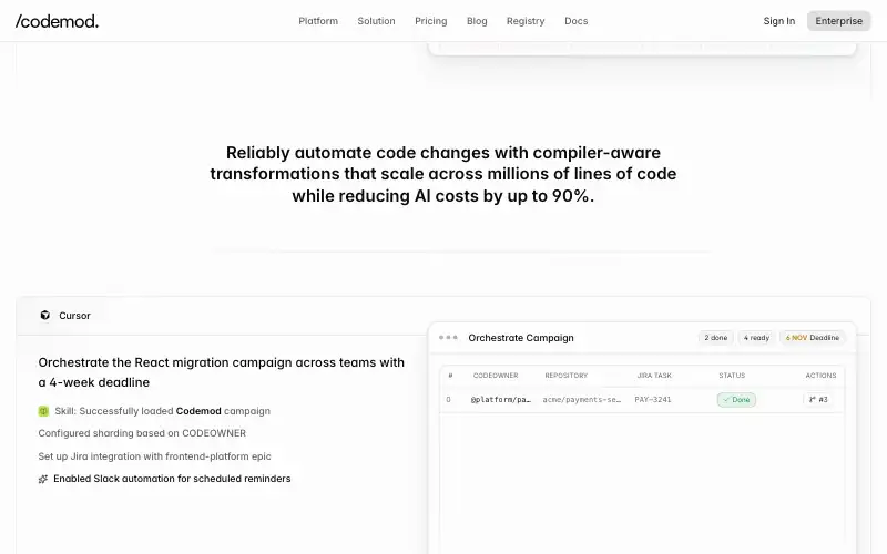 Screenshot of codemod.com, further down the homepage