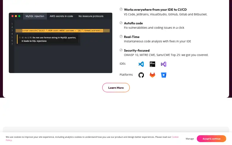 Screenshot of codiga.io, further down the homepage