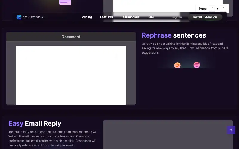 Screenshot of compose.ai, further down the homepage