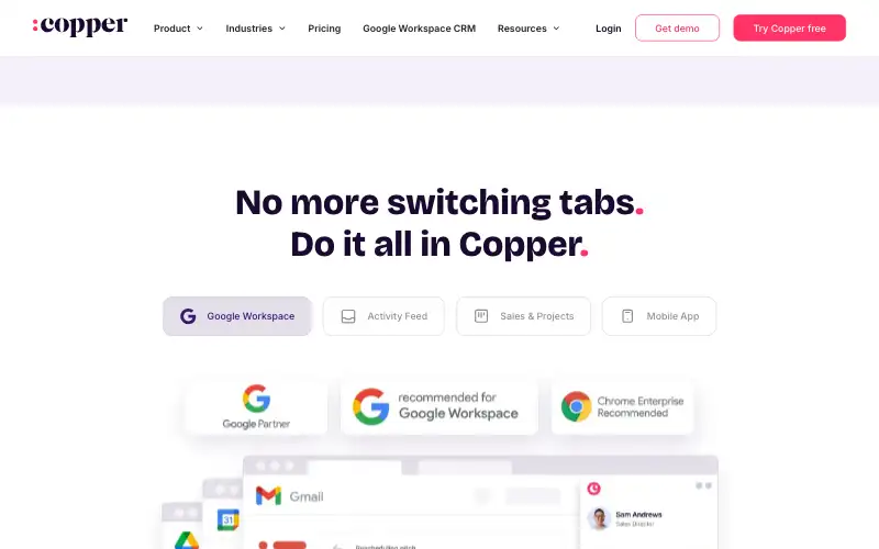 Screenshot of copper.com, further down the homepage