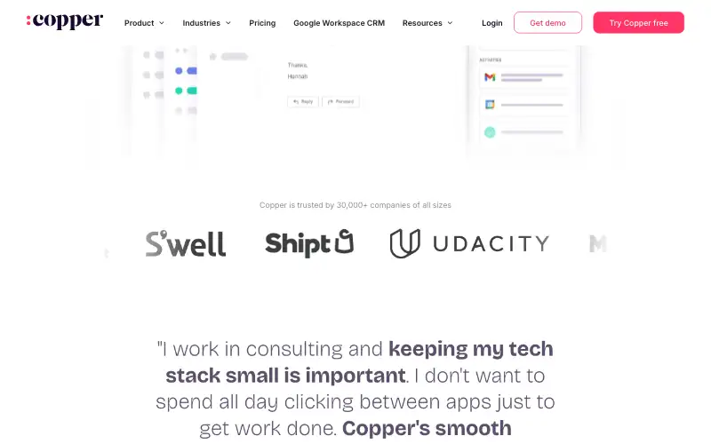 Screenshot of copper.com, further down the homepage