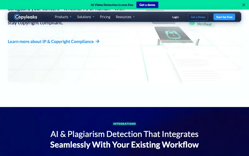 Screenshot of copyleaks.com, further down the homepage