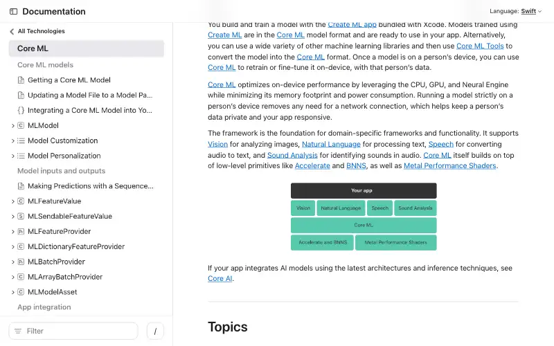 Screenshot of developer.apple.com, further down the homepage