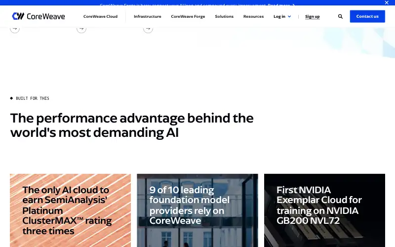 Screenshot of coreweave.com, further down the homepage