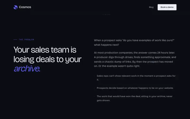 Screenshot of meetcosmos.com, further down the homepage