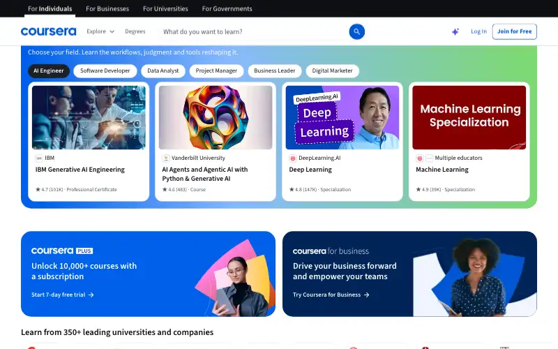 Screenshot of coursera.org, further down the homepage