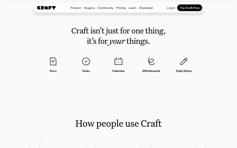Screenshot of craft.do, further down the homepage