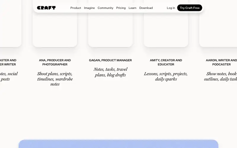 Screenshot of craft.do, further down the homepage