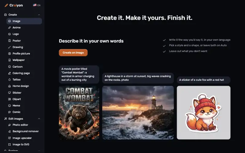Screenshot of craiyon.com, further down the homepage