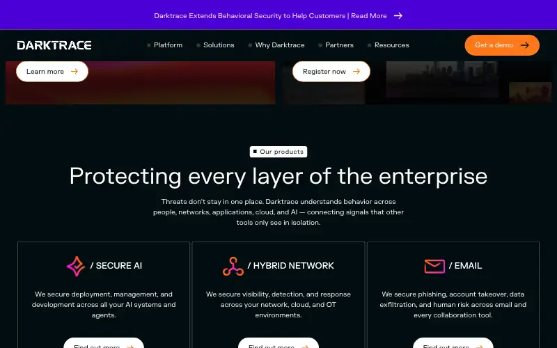 Screenshot of darktrace.com, further down the homepage
