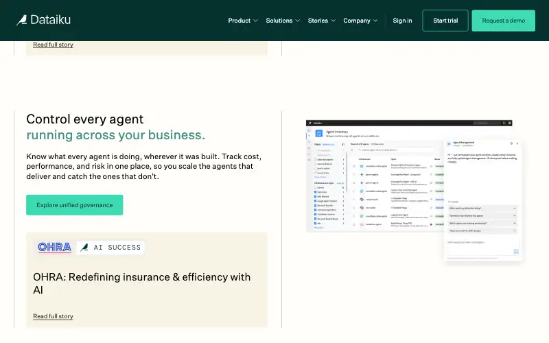 Screenshot of dataiku.com, further down the homepage