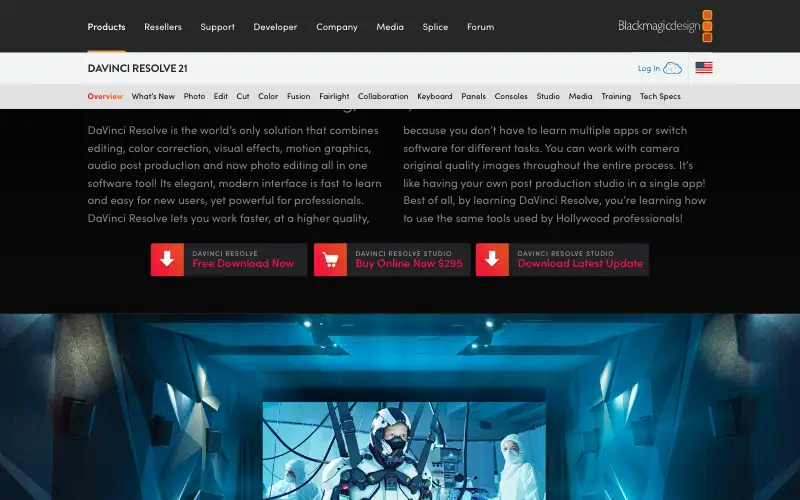 Screenshot of blackmagicdesign.com, further down the homepage
