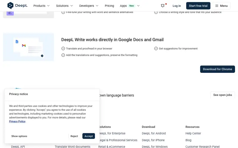 Screenshot of deepl.com, further down the homepage