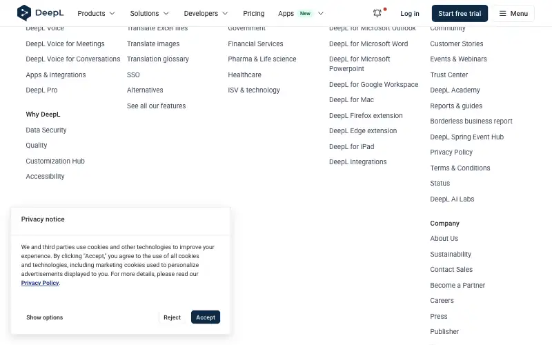 Screenshot of deepl.com, further down the homepage