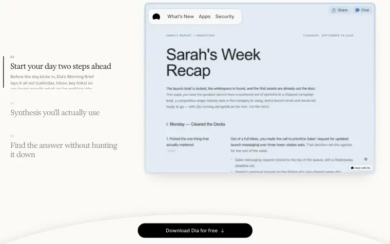 Screenshot of diabrowser.com, further down the homepage