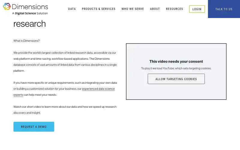 Screenshot of dimensions.ai, further down the homepage
