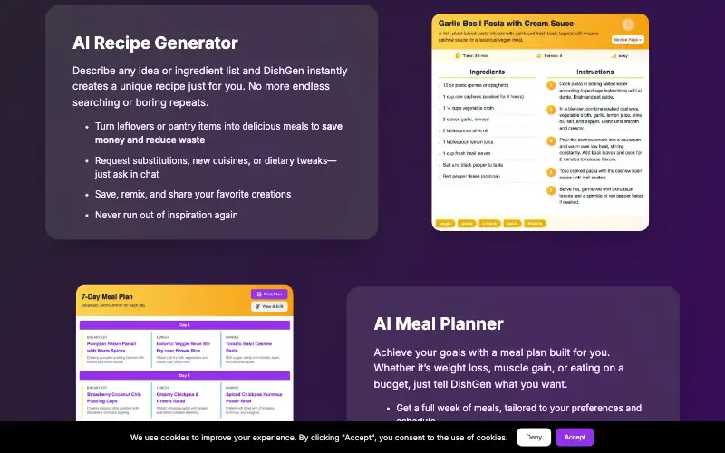 Screenshot of dishgen.com, further down the homepage