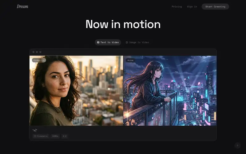 Screenshot of dream.ai, further down the homepage