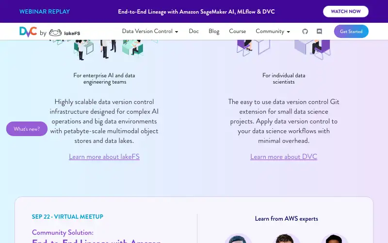 Screenshot of dvc.org, further down the homepage