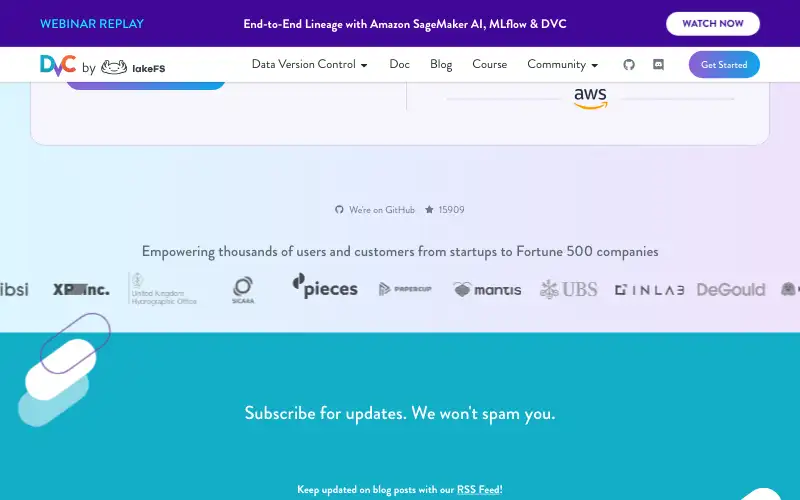 Screenshot of dvc.org, further down the homepage