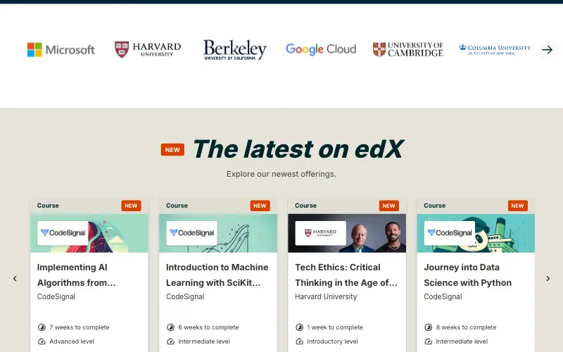 Screenshot of edx.org, further down the homepage