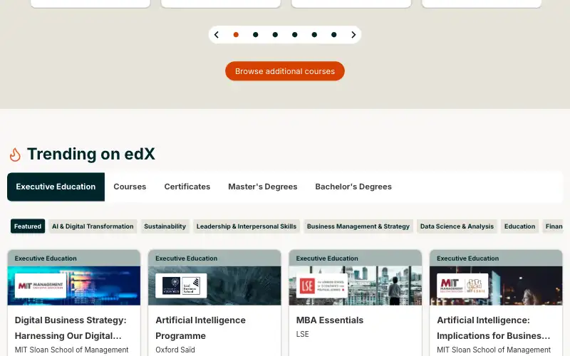 Screenshot of edx.org, further down the homepage