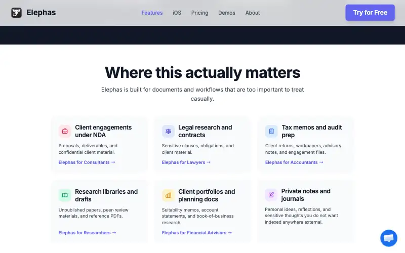 Screenshot of elephas.app, further down the homepage