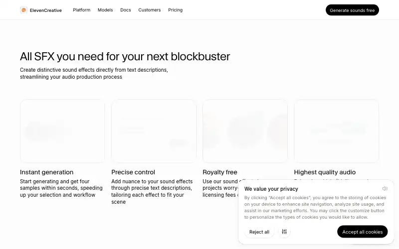 Screenshot of elevenlabs.io, further down the homepage