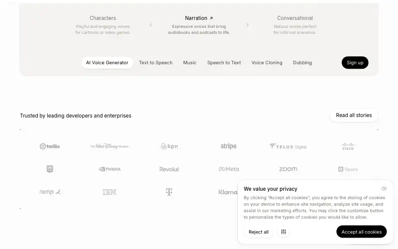 Screenshot of elevenlabs.io, further down the homepage